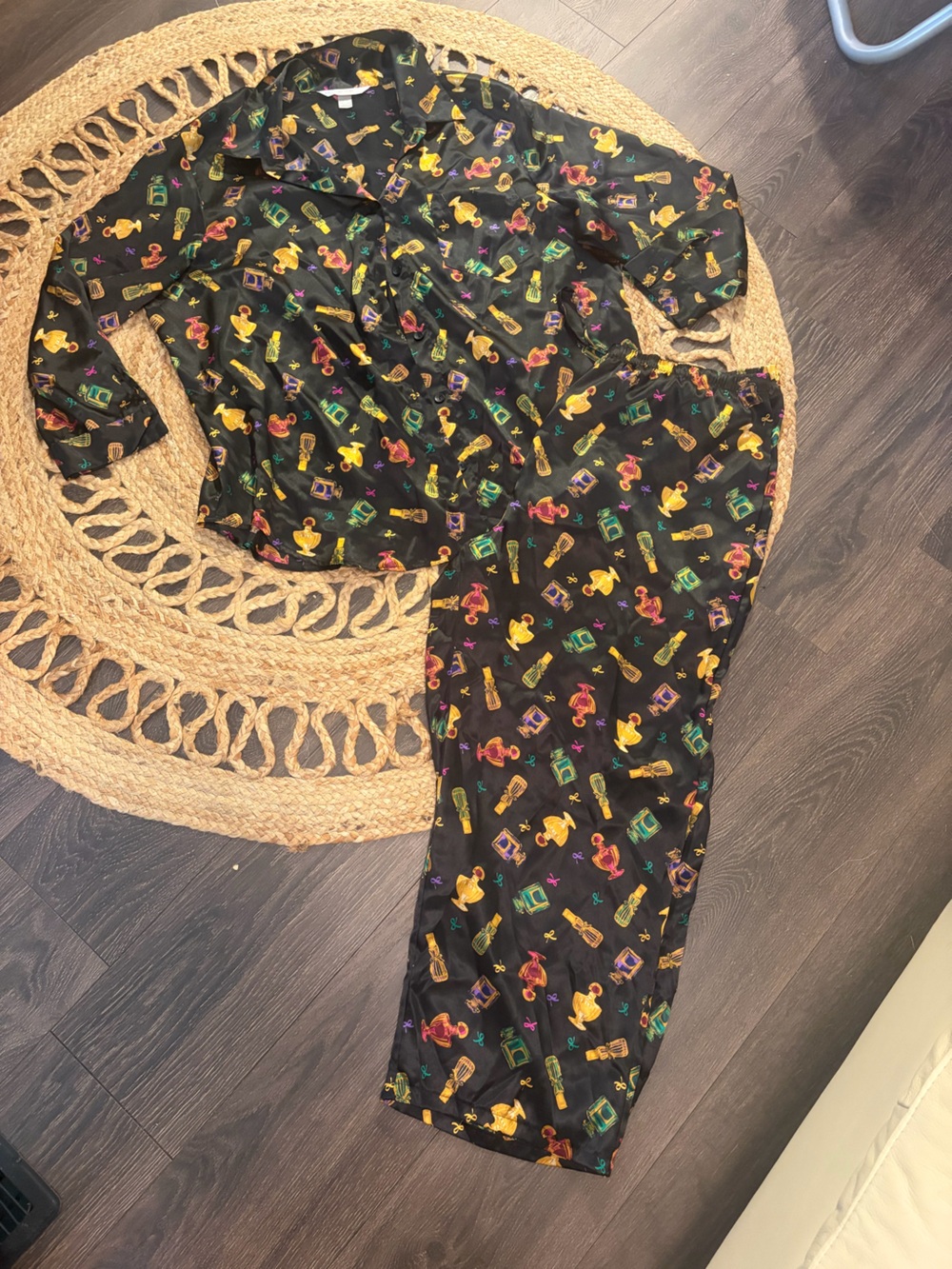 Cacique Black Satin Pajama Set with Yellow, Red and Green Novelty Print 18/20